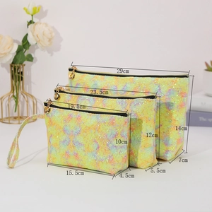 Three-piece iridescent sequin cosmetic bags in small, medium, and large sizes with measurements