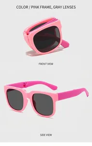 Foldable kids pink sunglasses with grey lenses showing side and compact folded view