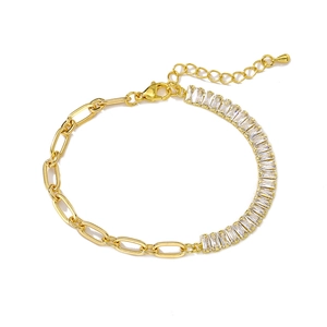 Detailed close-up of 18K gold-plated bracelet with baguette-cut zircons and lobster clasp