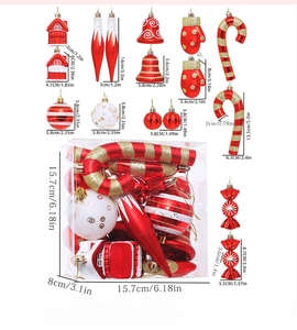 Detailed size specifications for red and white Christmas ornaments set in PVC box