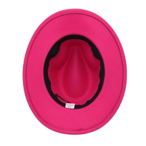 Top view of rose pink felt hat interior with black sweatband and size label