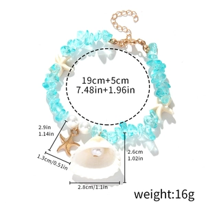 Blue gravel beaded bracelet with seashell and starfish charms for summer beach style