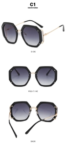 Three-way view of hexagonal sunglasses with black frames, metal rivets, and gold temples