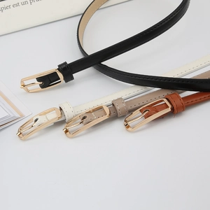 Women Fashion Skinny Faux Leather Belt With Gold Alloy Pin Buckle Minimalist Versatile Waistband For Jeans Pants Dress