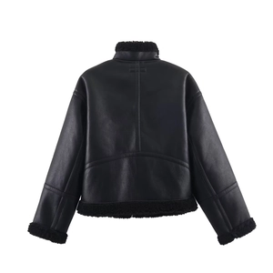 Women's black faux leather biker jacket with faux shearling trim, flat lay back view