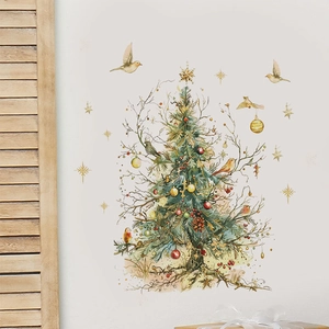 Macro view of Christmas tree and birds wall decal in vintage watercolor style