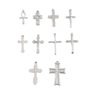 Ten unique silver stainless steel cross and ankh pendants for DIY jewelry making crafts