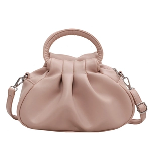 Pink ruched cloud bag in soft PU leather with top handle and detachable strap
