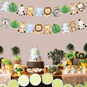 Jungle wildlife birthday banner with cute watercolor safari animals and tropical leaves