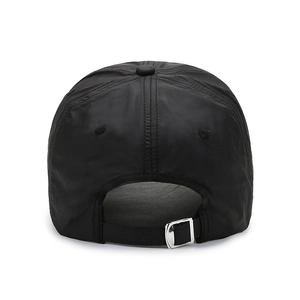 Rear view of black quick-dry baseball cap featuring an adjustable silver metal buckle