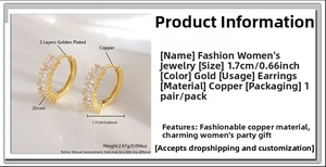 Macro view of gold plated hoop earrings with square zircon stones and 1.7cm size details