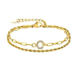 Bracelet double couche en or avec pendentif lettre C et chaîne à maillons torsadés