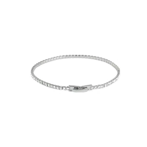 Elegant silver tennis bracelet with sparkling round zircons on a white background