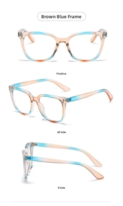 Three-angle views of retro oversized eyeglass frames in brown blue gradient finish