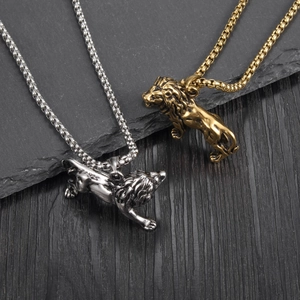 Punk style lion head pendants in gold and silver finish with square chains for men