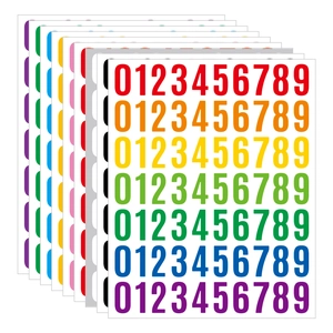 Close-up of multi-colored 1-inch waterproof vinyl number stickers in rainbow sequence