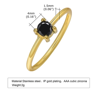 Detailed view of 1.5mm gold ring band with 4mm black cubic zirconia stone and dimensions