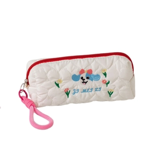 Large capacity white quilted pencil case with cute dog embroidery and pink handle strap