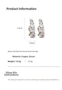 Détails des boucles d'oreilles argentées incurvées avec zircone, taille 3,2x0,8cm