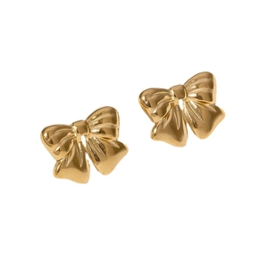 Minimalist golden bow stud earrings in polished stainless steel on white background