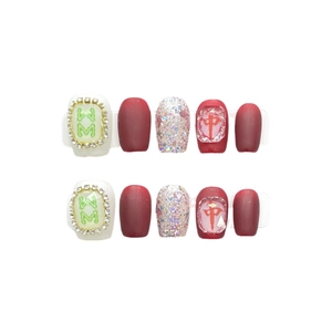 Mahjong themed festive red press-on nails with rhinestone and glitter details