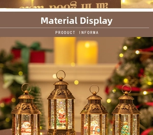 Detail of four bronze Christmas lanterns with warm lights and festive figurines