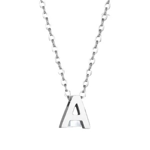Minimalist silver stainless steel necklace with polished letter A pendant on white background