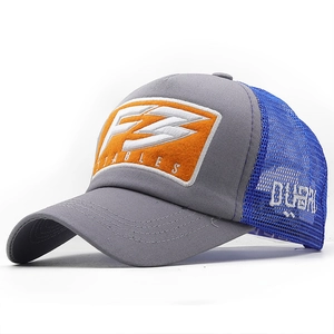 Grey and blue trucker hat with F3 STABLES embroidery and Dubai side patch details