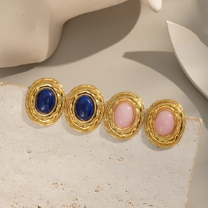 Elegant vintage gold plated lapis lazuli and pink quartz stud earrings for women