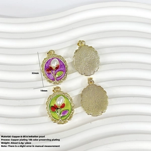Baroque Monet garden style floral oil painting pendants with imitation pearls and 18k gold plating