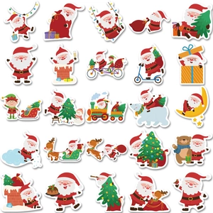 Flat lay of 25 colorful Christmas stickers featuring Santa and festive elf characters