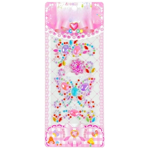 Colorful gemstone stickers with butterfly and flower patterns in pink card packaging