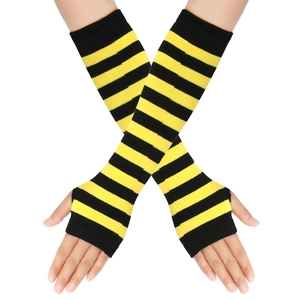 Black and yellow striped knitted arm warmers in a fingerless long-length design