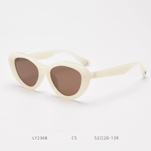 Detail of cream oval sunglasses frame showing the model LY2368 and size dimensions