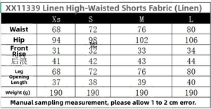 Linen high waisted shorts size chart with detailed measurements for women's summer set