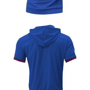 Detail view of the back of a blue hooded waffle t-shirt with plaid cuff stitching