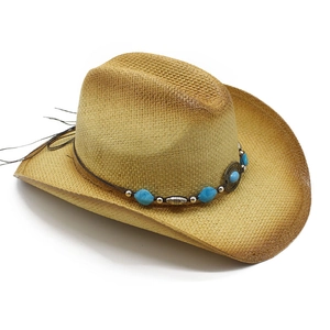 Handwoven straw Panama hat with turquoise bead band and wide brim for men and women