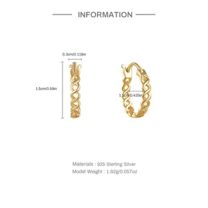 Size chart showing 1.5cm S925 sterling silver infinity hoop earrings measurements