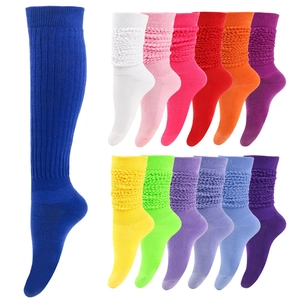 Detailed view of colorful ribbed slouch socks in multiple vibrant cotton blend knit shades