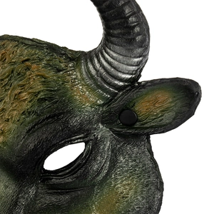 Close-up of realistic 3D buffalo mask showing detailed foam texture and horn ring patterns