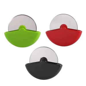 Three pizza cutter wheels with stainless steel blades in green, red, and black colors