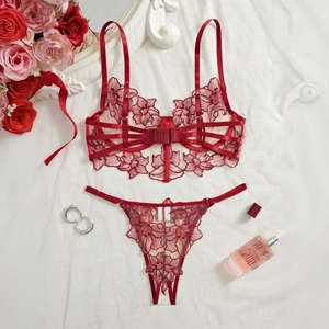 Deep red floral embroidery lace lingerie set with strappy details and matching thong