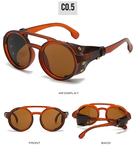 Steampunk round sunglasses with amber frames, brown leather side shields and gold rivets