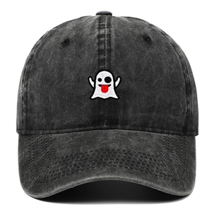 Vintage dark gray washed denim baseball cap with cute ghost embroidery and curved brim