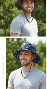 Detail view of wide brim camo sun hats with adjustable chin straps and breathable metal eyelets
