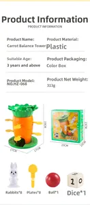 Detail view of radish balancing tower toy with plastic rabbits, plates, ball and dice