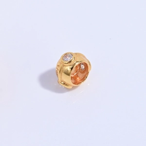 Gold S925 sterling silver hollow barrel bead with clear cubic zirconia for DIY jewelry
