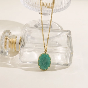 Elegant 14K gold plated stainless steel necklace with oval green amazonite pendant