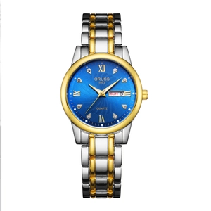 Classic Oruss quartz watch with blue sunray dial and two-tone silver gold steel strap