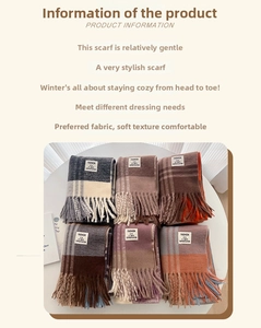 Detail showing six assorted plaid scarves with tassels in various autumn color combinations